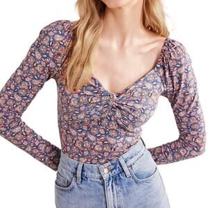 Boden Blue&Pink Paisley Puff Sleeve Sweetheart Neckline Jersey Top Sz.8